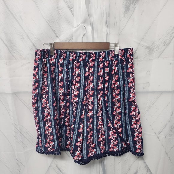 Faded Glory Pants - Faded Glory navy Pink Floral Crochet Trim Lightweight Lounge Boho Shorts Size 2X